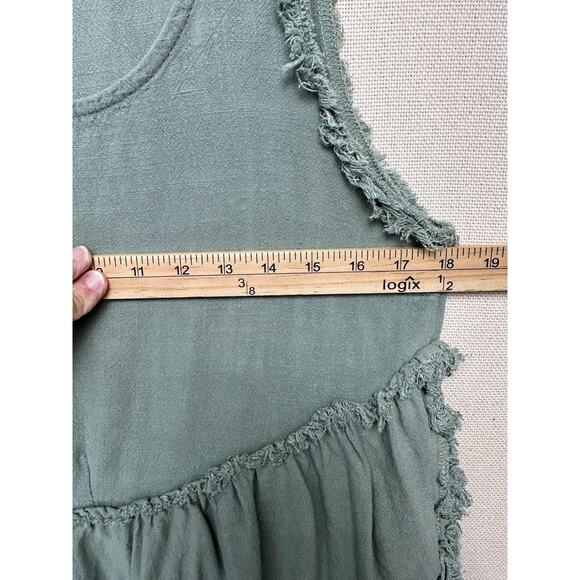Umgee Linen Cotton Blend Sz S Boho Tank Top Green Raw Fringe Trim Beach Peasant - Picture 9 of 13